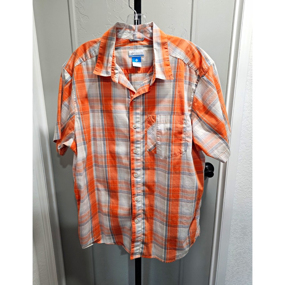 Columbia Men's L Plaid Omni Wick Shirt Orange Blue Short Sleeve Button Up